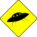 A sign warning of flying saucers