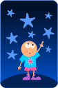 A child on a planet pointing at stars